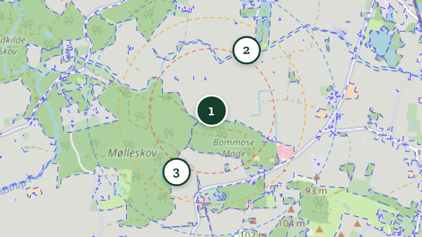 Three proposed turbines on the Svendborg map, with their setback rings